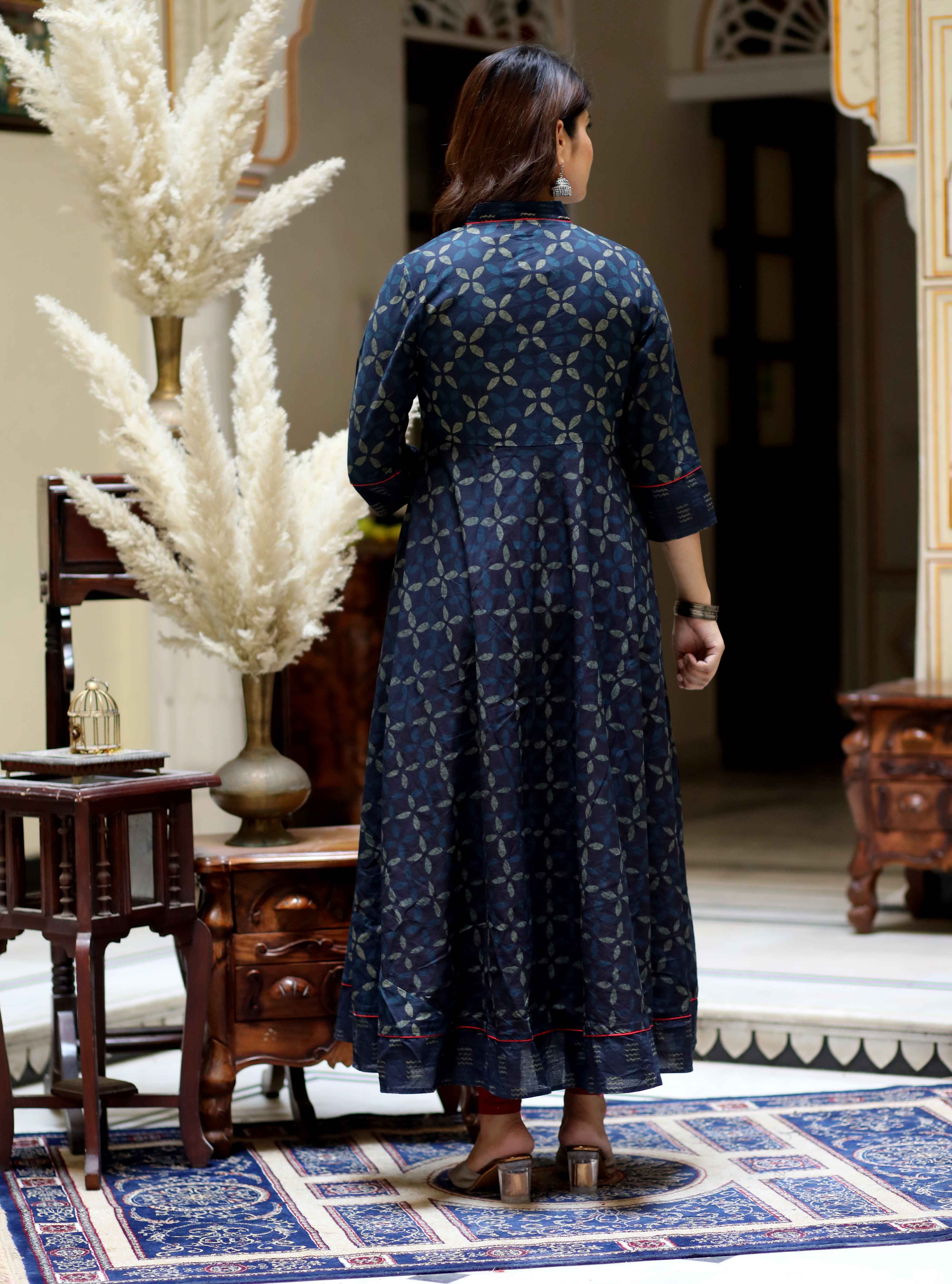 Blue Abstract Cotton Angrakha Kurta with Tassel Dupatta Set